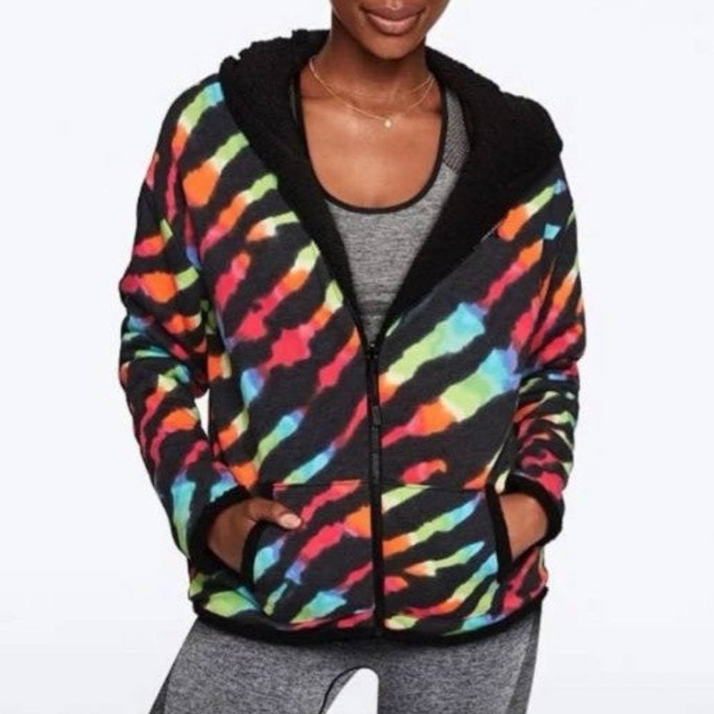 PINK Victoria's Secret Multicolor Tie-Dye Sherpa zip up Hoodie